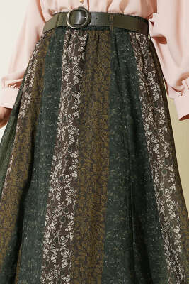 Şerit Desenli Asimetrik Şifon Etek Haki - Etek