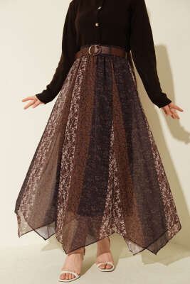 Şerit Desenli Asimetrik Şifon Etek Mürdüm - ALİ AKKAYA