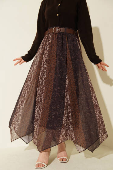 Şerit Desenli Asimetrik Şifon Etek Mürdüm - Etek