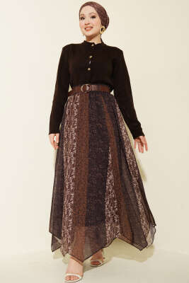 Şerit Desenli Asimetrik Şifon Etek Mürdüm - Etek