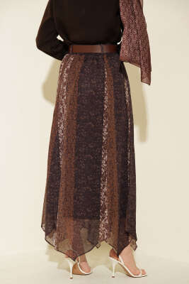 Şerit Desenli Asimetrik Şifon Etek Mürdüm - Etek