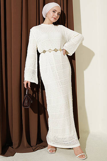 Şerit Desenli Delikli Triko Elbise Ekru - Elbise