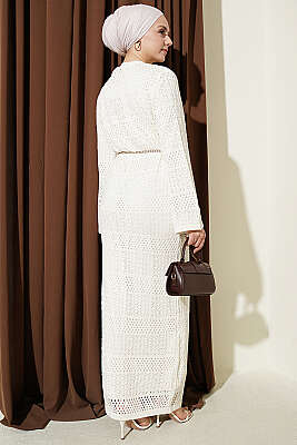 Şerit Desenli Delikli Triko Elbise Ekru - Elbise