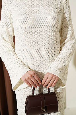 Şerit Desenli Delikli Triko Elbise Ekru - Elbise