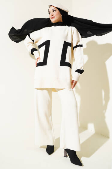 Şerit Desenli Triko İkili Takım Bej - İkili Takım