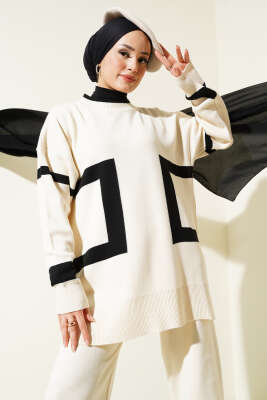 Şerit Desenli Triko İkili Takım Bej - Triko İkili Takım