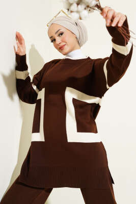 Şerit Desenli Triko İkili Takım Kahve - Triko İkili Takım