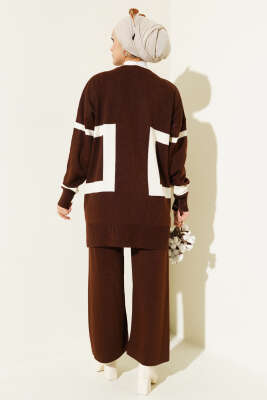 Şerit Desenli Triko İkili Takım Kahve - Triko İkili Takım