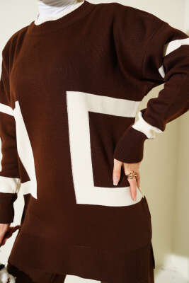 Şerit Desenli Triko İkili Takım Kahve - Triko İkili Takım