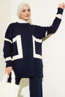 Şerit Desenli Triko İkili Takım Lacivert - Triko İkili Takım