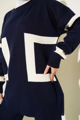 Şerit Desenli Triko İkili Takım Lacivert - Triko İkili Takım