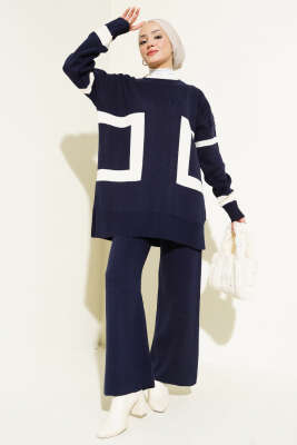 Şerit Desenli Triko İkili Takım Lacivert - Triko İkili Takım
