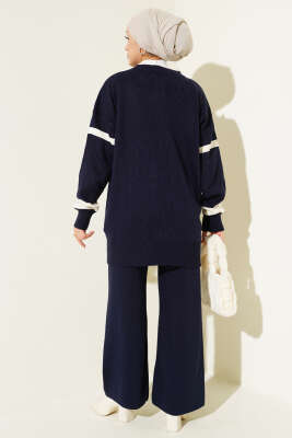 Şerit Desenli Triko İkili Takım Lacivert - Triko İkili Takım