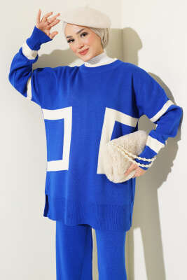 Şerit Desenli Triko İkili Takım Saks - Triko İkili Takım