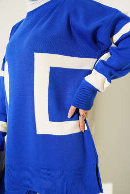 Şerit Desenli Triko İkili Takım Saks - Triko İkili Takım