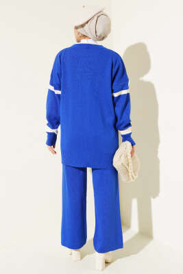 Şerit Desenli Triko İkili Takım Saks - Triko İkili Takım