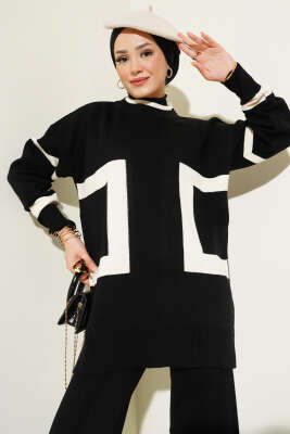 Şerit Desenli Triko İkili Takım Siyah - Triko İkili Takım