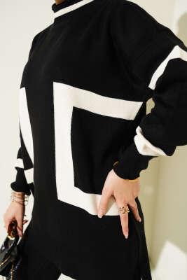 Şerit Desenli Triko İkili Takım Siyah - Triko İkili Takım