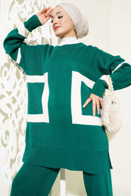 Şerit Desenli Triko İkili Takım Zümrüt - Triko İkili Takım