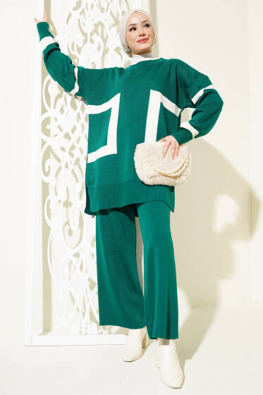 Şerit Desenli Triko İkili Takım Zümrüt - Triko