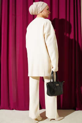 Şerit Detaylı Düğmeli Triko İkili Takım Bej - İkili Takım