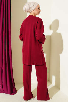 Şerit Detaylı Düğmeli Triko İkili Takım Bordo - İkili Takım