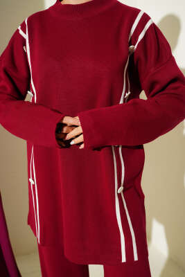 Şerit Detaylı Düğmeli Triko İkili Takım Bordo - İkili Takım