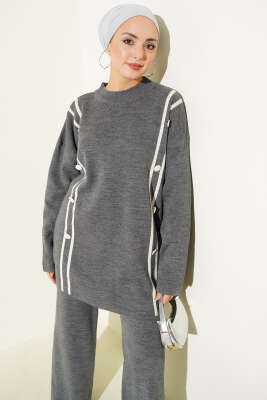 Şerit Detaylı Düğmeli Triko İkili Takım Füme - İkili Takım