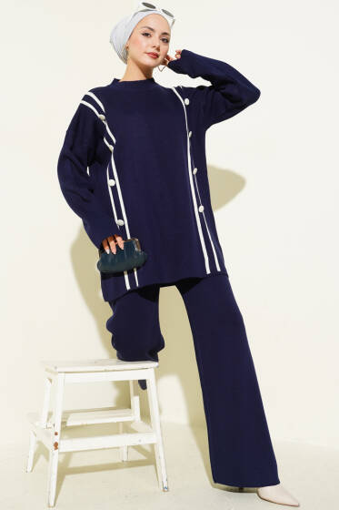 Şerit Detaylı Düğmeli Triko İkili Takım Lacivert - İkili Takım