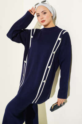 Şerit Detaylı Düğmeli Triko İkili Takım Lacivert - İkili Takım