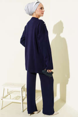 Şerit Detaylı Düğmeli Triko İkili Takım Lacivert - İkili Takım