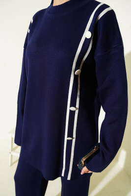 Şerit Detaylı Düğmeli Triko İkili Takım Lacivert - İkili Takım