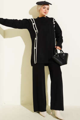 Şerit Detaylı Düğmeli Triko İkili Takım Siyah - SUDE NAZ