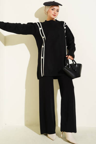 Şerit Detaylı Düğmeli Triko İkili Takım Siyah - İkili Takım