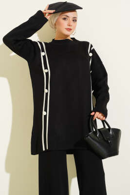 Şerit Detaylı Düğmeli Triko İkili Takım Siyah - İkili Takım