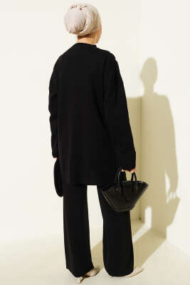 Şerit Detaylı Düğmeli Triko İkili Takım Siyah - İkili Takım