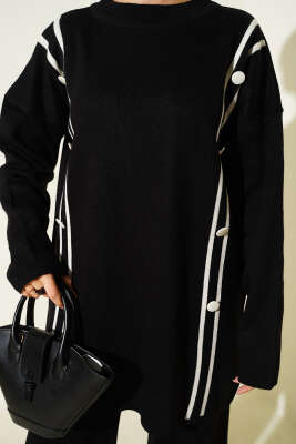 Şerit Detaylı Düğmeli Triko İkili Takım Siyah - İkili Takım