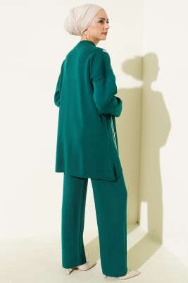 Şerit Detaylı Düğmeli Triko İkili Takım Zümrüt - İkili Takım