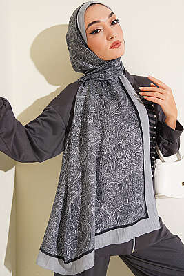 Şerit Detaylı Etnik Desenli Şal Gri - MODA KAPRİS
