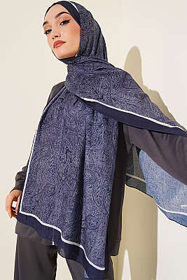 Şerit Detaylı Etnik Desenli Şal Lacivert - MODA KAPRİS