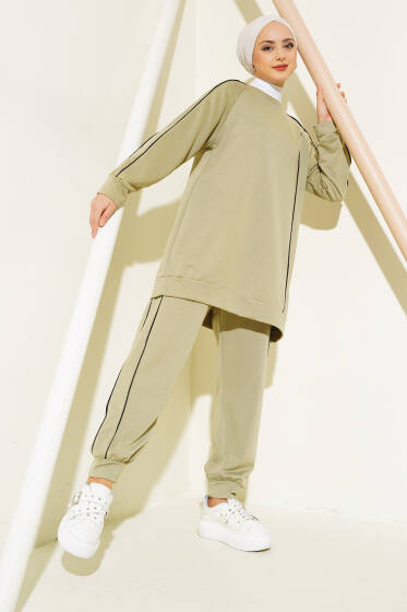 Şerit Detaylı İki İplik Tunik İkili Takım Çağla Yeşili - İkili Takım