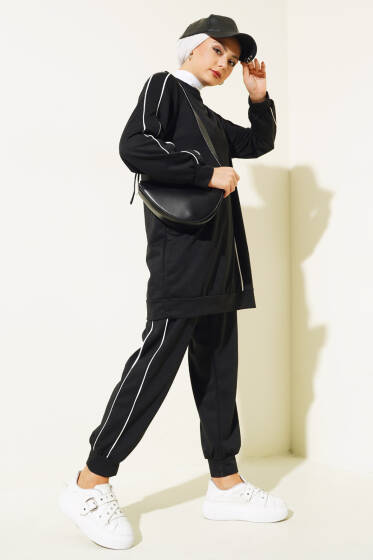 Şerit Detaylı İki İplik Tunik İkili Takım Siyah - İkili Takım