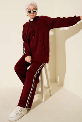 Şerit Detaylı Kapüşonlu İkili Takım Bordo - DUFON