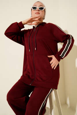 Şerit Detaylı Kapüşonlu İkili Takım Bordo - İkili Takım