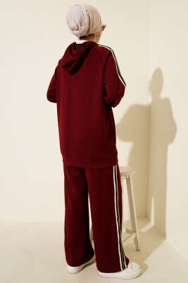 Şerit Detaylı Kapüşonlu İkili Takım Bordo - İkili Takım
