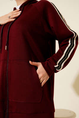 Şerit Detaylı Kapüşonlu İkili Takım Bordo - İkili Takım