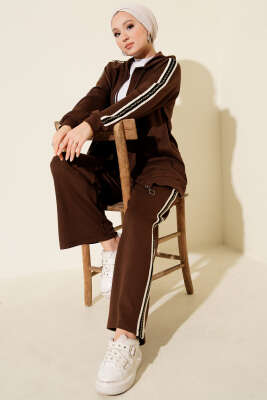 Şerit Detaylı Kapüşonlu İkili Takım Kahve - DUFON