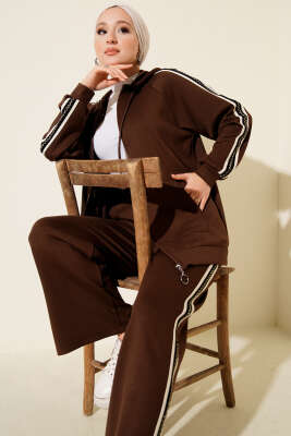 Şerit Detaylı Kapüşonlu İkili Takım Kahve - İkili Takım