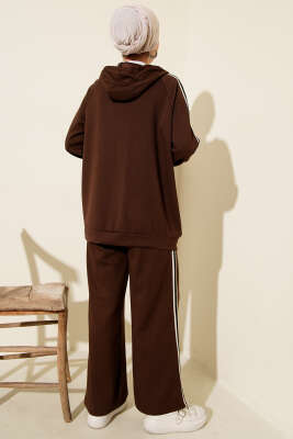 Şerit Detaylı Kapüşonlu İkili Takım Kahve - İkili Takım