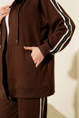 Şerit Detaylı Kapüşonlu İkili Takım Kahve - İkili Takım